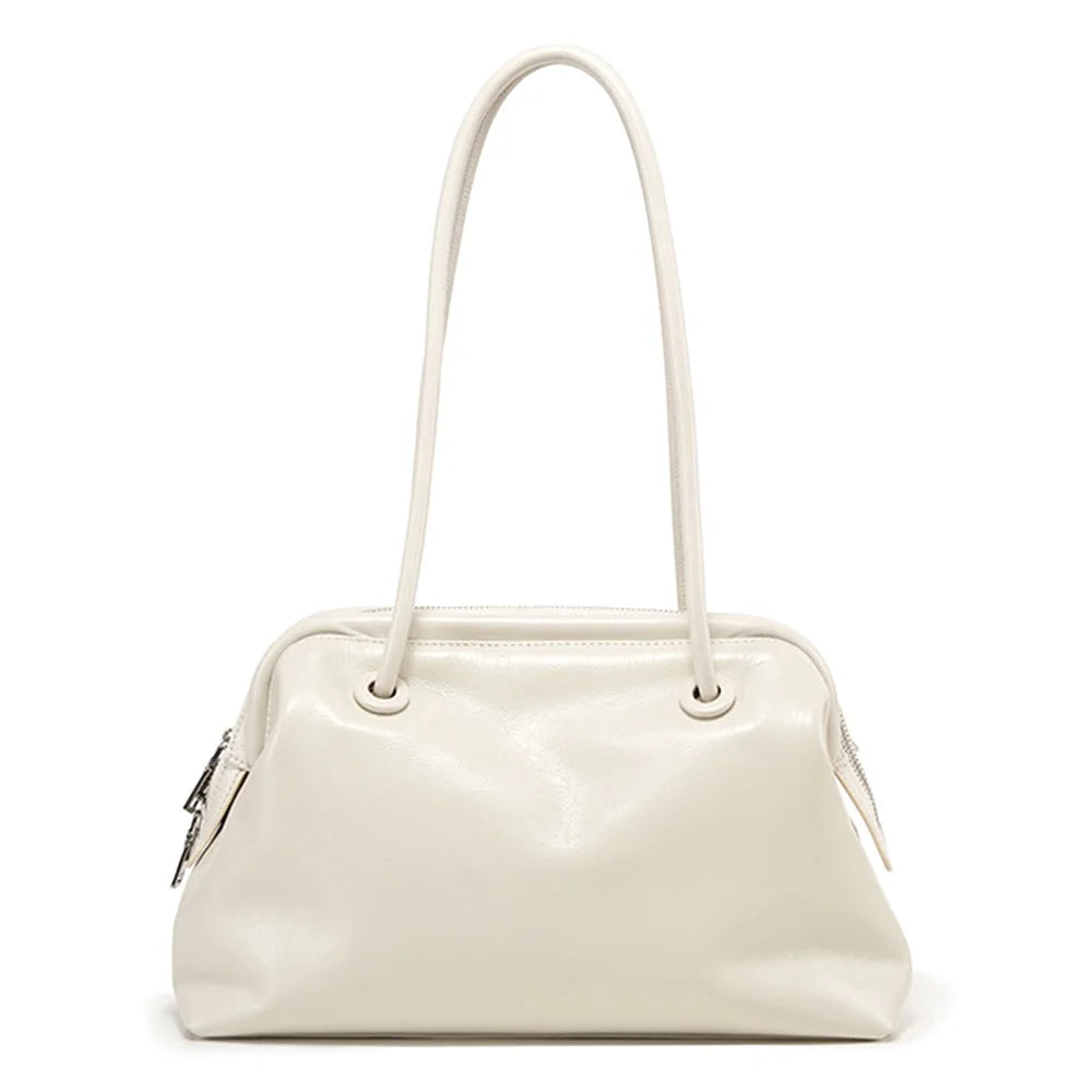 9665 Women Tote Underarm Bag Cowhide Leather Large Capacity Zipper Travel Handbag - White - 1
