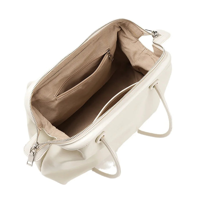 9665 Women Tote Underarm Bag Cowhide Leather Large Capacity Zipper Travel Handbag - White - 2