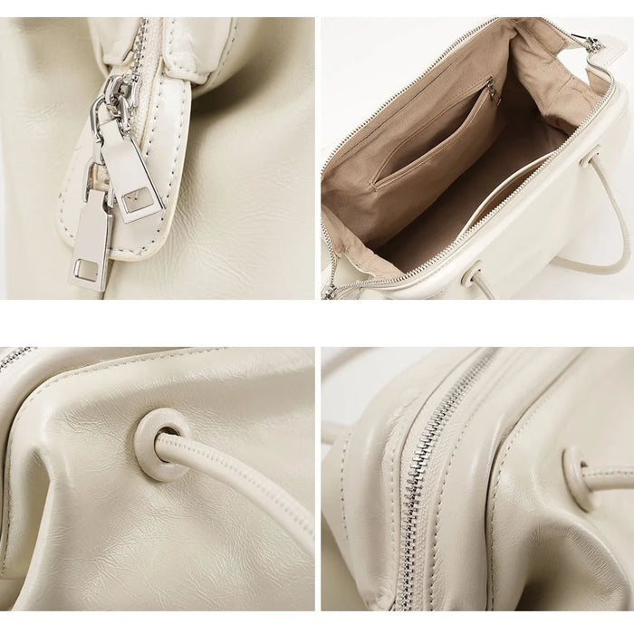 9665 Women Tote Underarm Bag Cowhide Leather Large Capacity Zipper Travel Handbag - White - 5