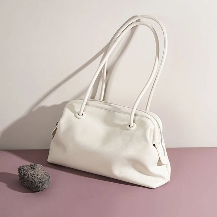 9665 Women Tote Underarm Bag Cowhide Leather Large Capacity Zipper Travel Handbag - White - 6