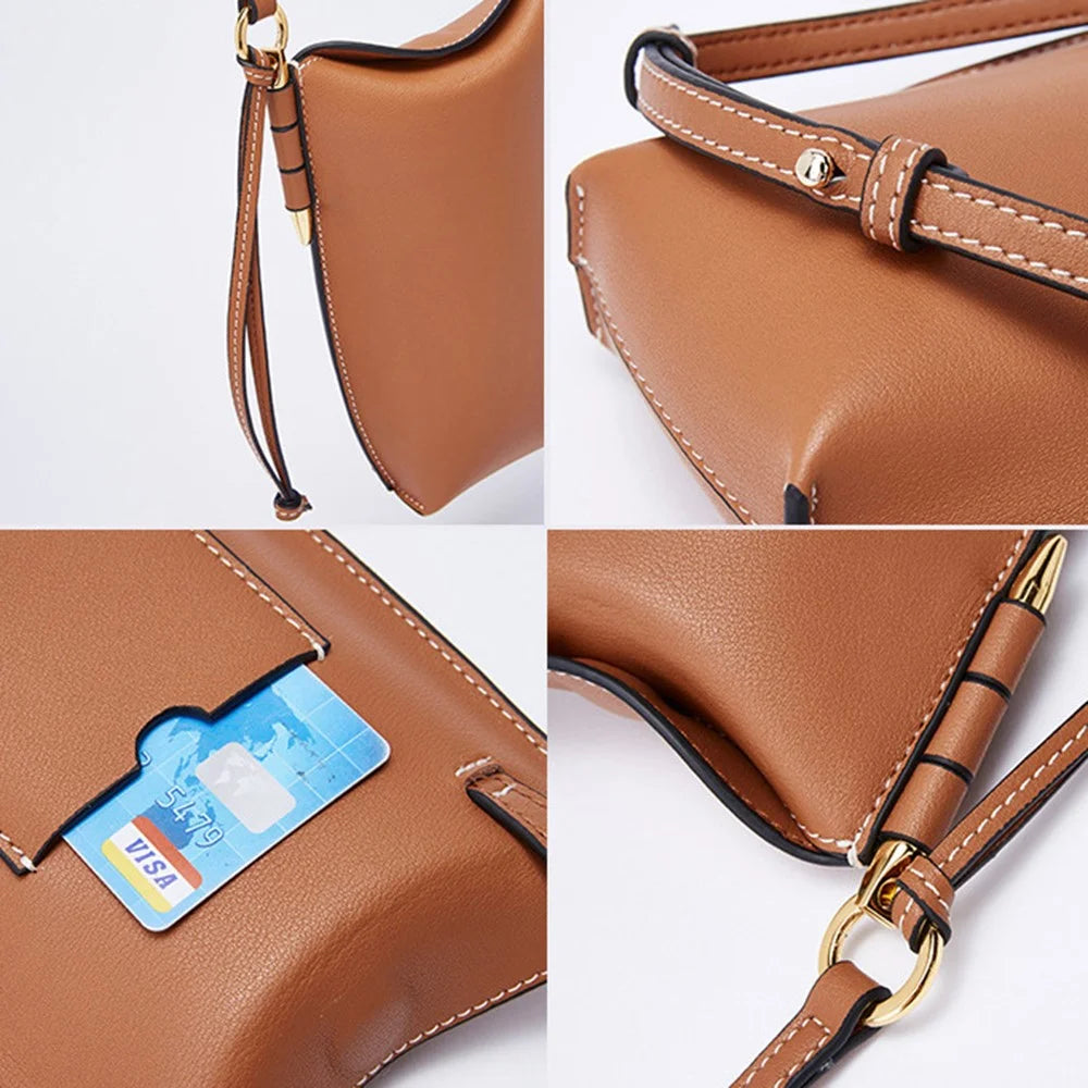 88621 Retro Women Crossbody Phone Bag Genuine Cow Leather Shoulder Bag - Black - 4