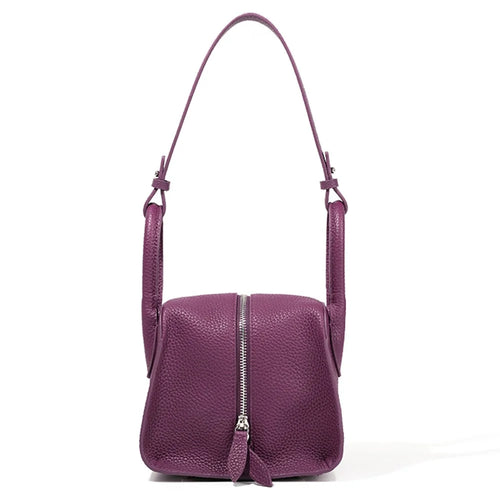 9661 Women Underarm Bag Top Layer Cowhide Leather Zipper Splicing Handbag Armpit Bag - Purple - 1