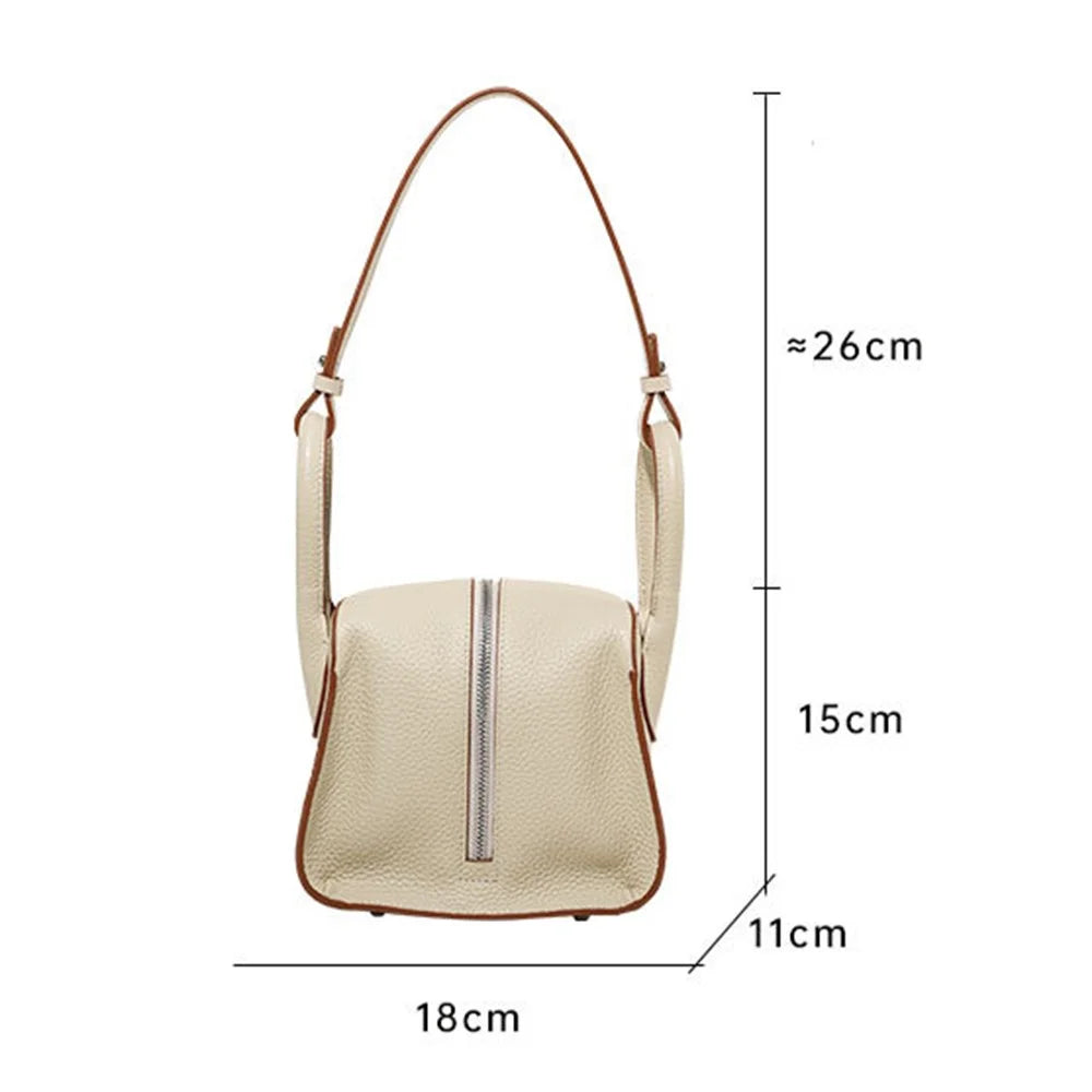 9661 Women Underarm Bag Top Layer Cowhide Leather Zipper Splicing Handbag Armpit Bag - Purple - 5