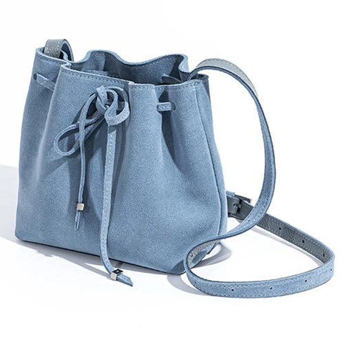 9671 Retro Women Bucket Crossbody Bag Genuine Cow Leather Drawstring Shoulder Bag for Travel Shopping - Blue - 1