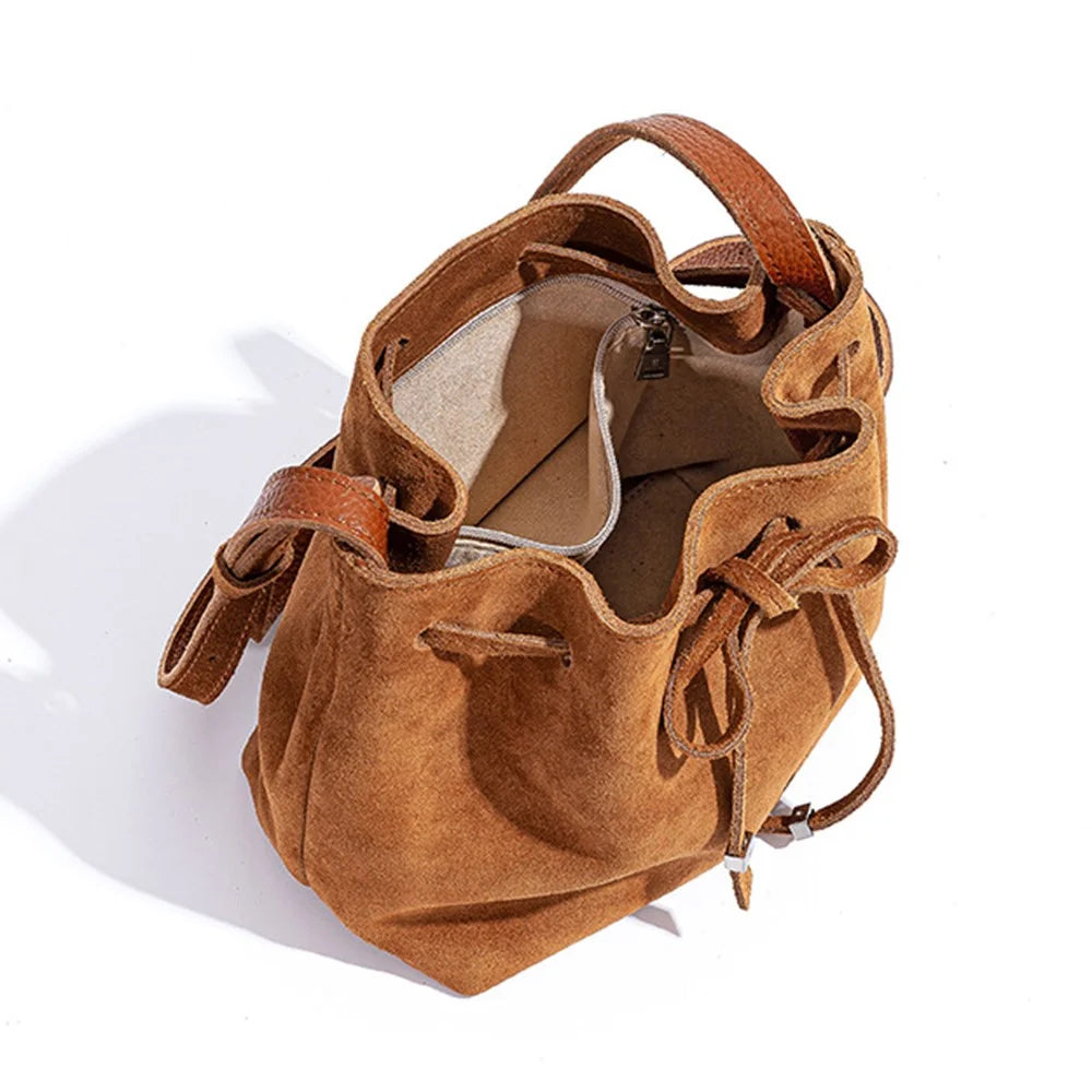 9671 Retro Women Bucket Crossbody Bag Genuine Cow Leather Drawstring Shoulder Bag for Travel Shopping - Blue - 2