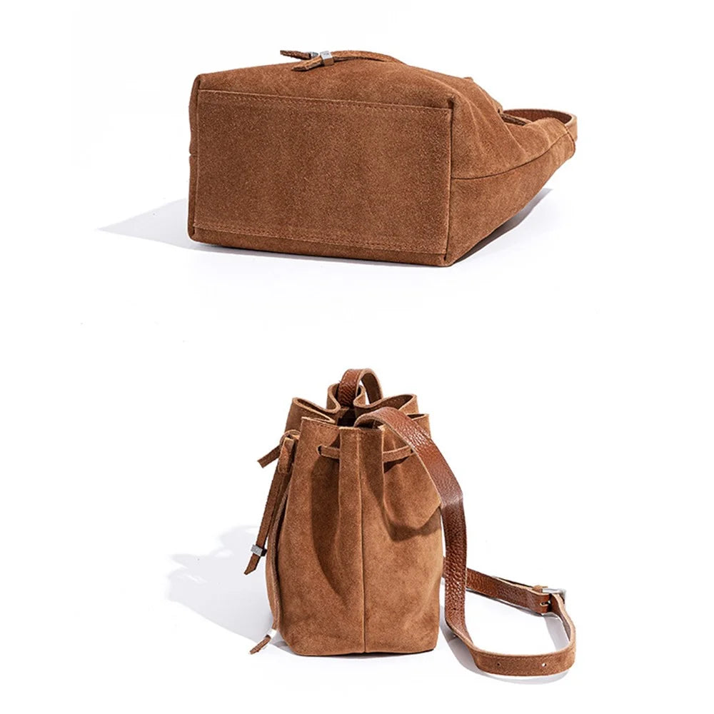 9671 Retro Women Bucket Crossbody Bag Genuine Cow Leather Drawstring Shoulder Bag for Travel Shopping - Blue - 3