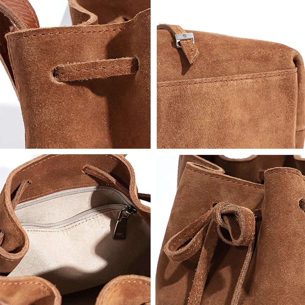 9671 Retro Women Bucket Crossbody Bag Genuine Cow Leather Drawstring Shoulder Bag for Travel Shopping - Blue - 4