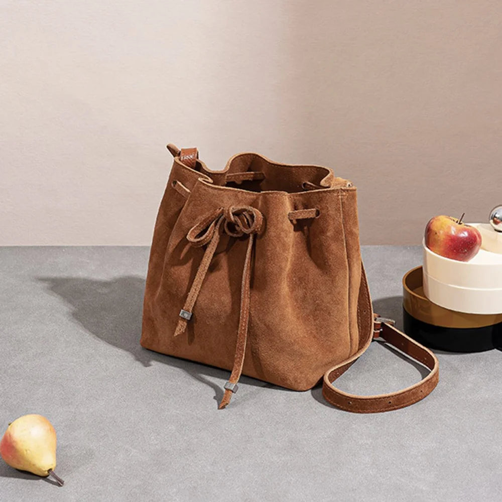 9671 Retro Women Bucket Crossbody Bag Genuine Cow Leather Drawstring Shoulder Bag for Travel Shopping - Blue - 5