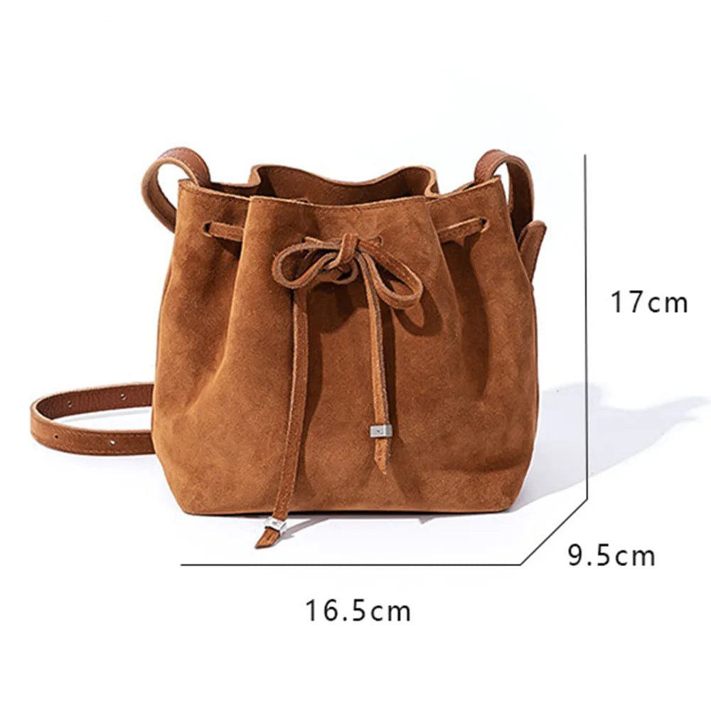 9671 Retro Women Bucket Crossbody Bag Genuine Cow Leather Drawstring Shoulder Bag for Travel Shopping - Blue - 6