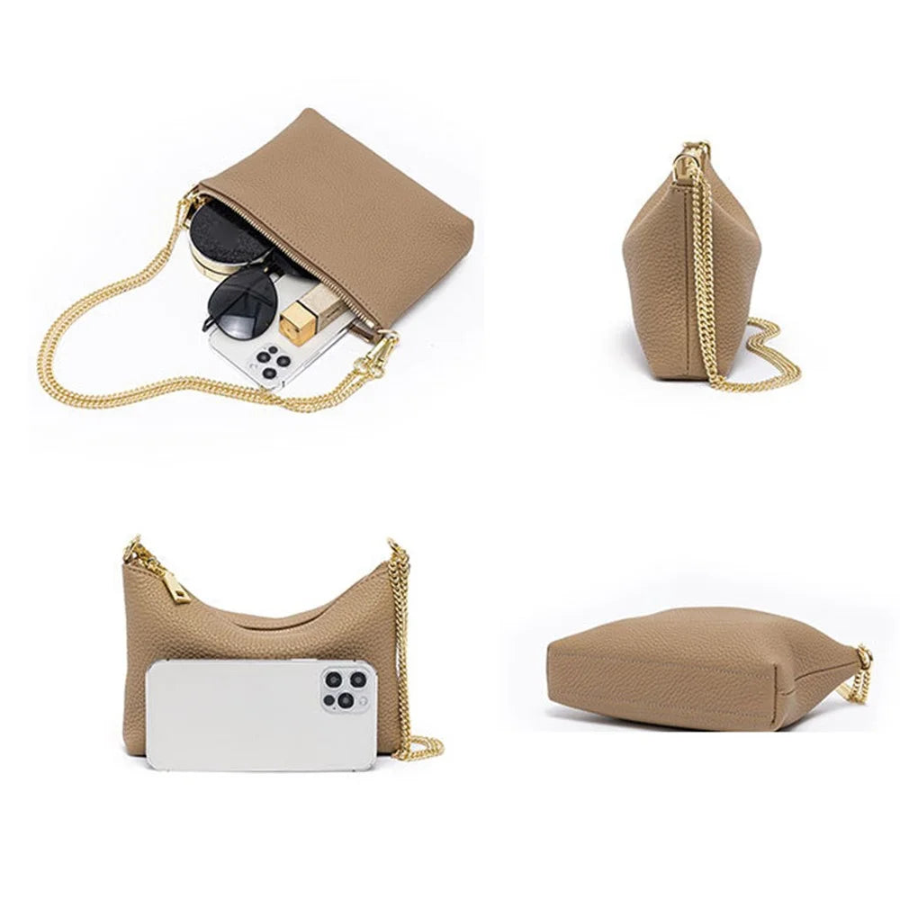 9632 Women Zipper Dumpling Bag Handbag Top Layer Cowhide Leather Crossbody Shoulder Bag with Chain Strap - Green - 3