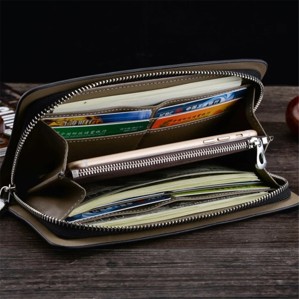 DEABOLAR Cross Texture PU Leather Men Zipper Wallet Cards Cash Phone Holder Clutch Bag - Black - 2