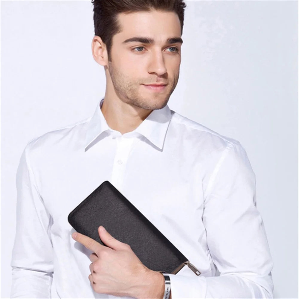 DEABOLAR Cross Texture PU Leather Men Zipper Wallet Cards Cash Phone Holder Clutch Bag - Black - 6