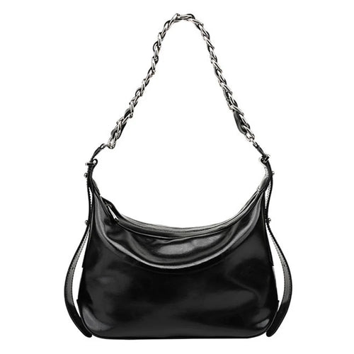JY263 Women Solid Color Dumpling Bag Waxy Cowhide Leather Single Shoulder Bag with Chain Strap - Black - 1