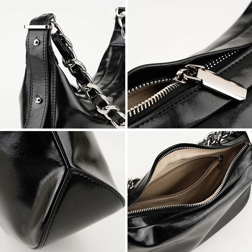 JY263 Women Solid Color Dumpling Bag Waxy Cowhide Leather Single Shoulder Bag with Chain Strap - Black - 2