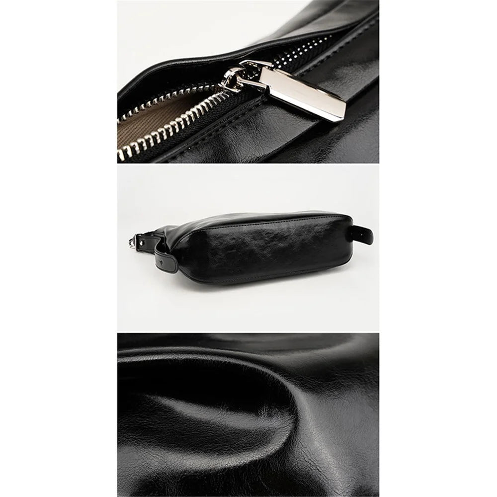 JY263 Women Solid Color Dumpling Bag Waxy Cowhide Leather Single Shoulder Bag with Chain Strap - Black - 3