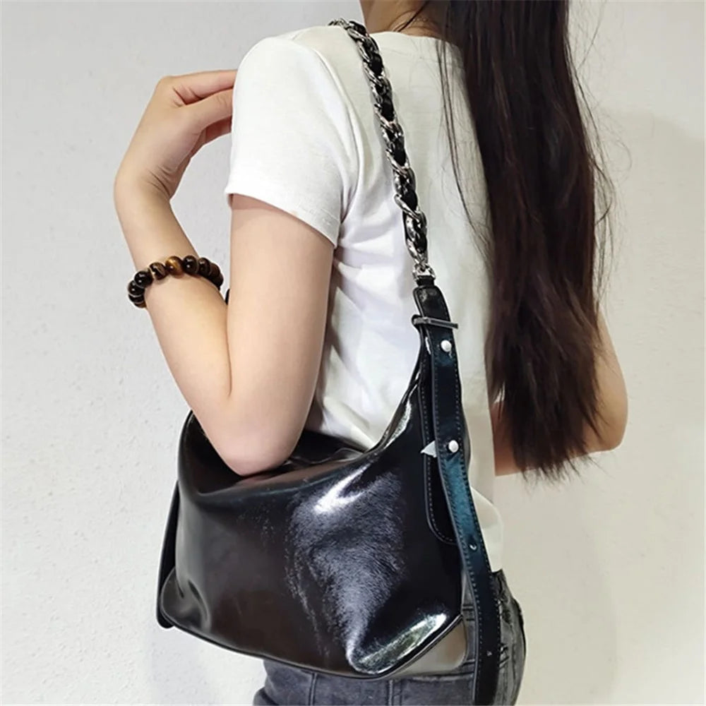 JY263 Women Solid Color Dumpling Bag Waxy Cowhide Leather Single Shoulder Bag with Chain Strap - Black - 4