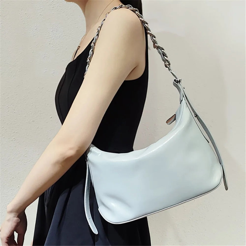 JY263 Women Solid Color Dumpling Bag Waxy Cowhide Leather Single Shoulder Bag with Chain Strap - Black - 5