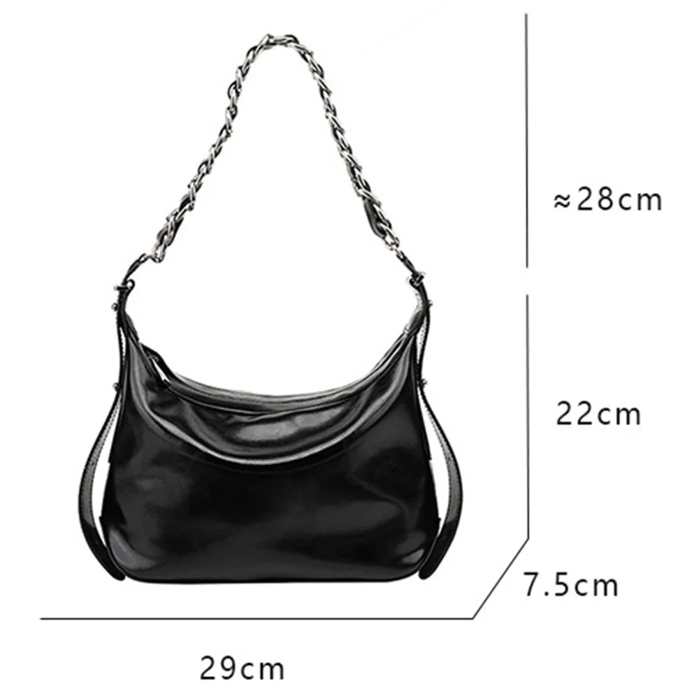 JY263 Women Solid Color Dumpling Bag Waxy Cowhide Leather Single Shoulder Bag with Chain Strap - Black - 6
