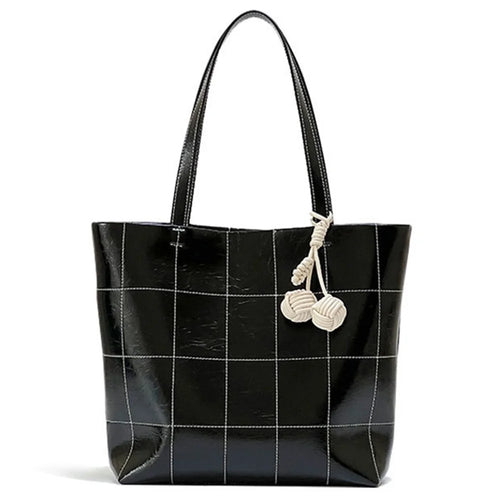 938 Women Shoulder Bag Waxy Cowhide Leather Tote Large Handbag with Decorative Pendant - Black - 1