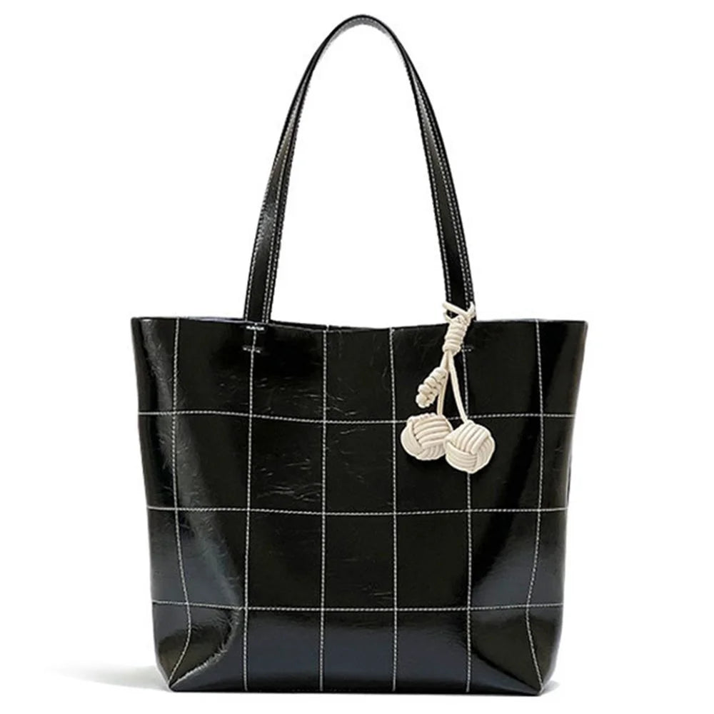 938 Women Shoulder Bag Waxy Cowhide Leather Tote Large Handbag with Decorative Pendant - Black - 1