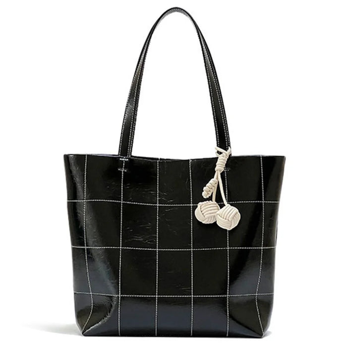 938 Women Shoulder Bag Waxy Cowhide Leather Tote Large Handbag with Decorative Pendant - Black - 1