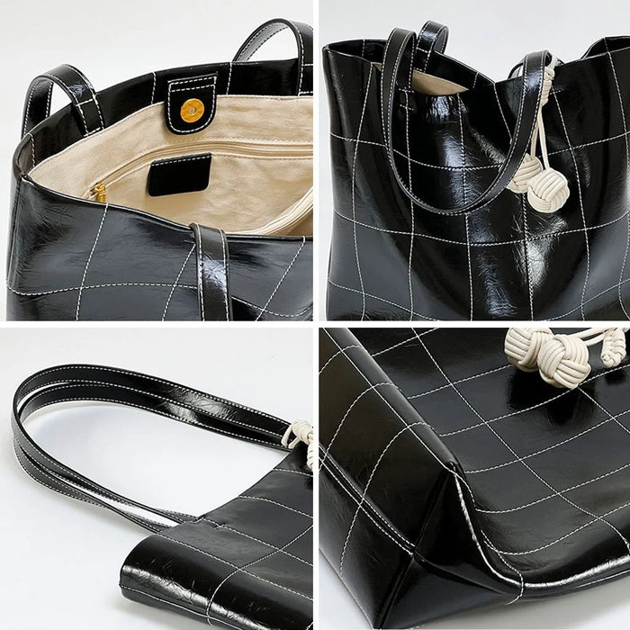938 Women Shoulder Bag Waxy Cowhide Leather Tote Large Handbag with Decorative Pendant - Black - 2