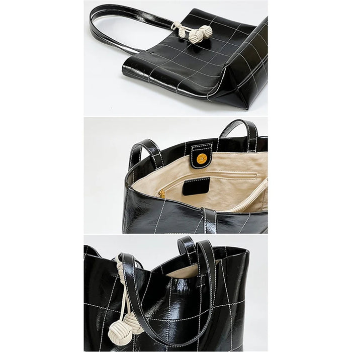 938 Women Shoulder Bag Waxy Cowhide Leather Tote Large Handbag with Decorative Pendant - Black - 3