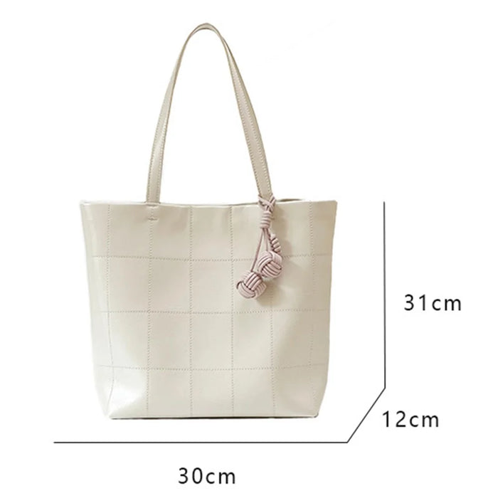 938 Women Shoulder Bag Waxy Cowhide Leather Tote Large Handbag with Decorative Pendant - Black - 5