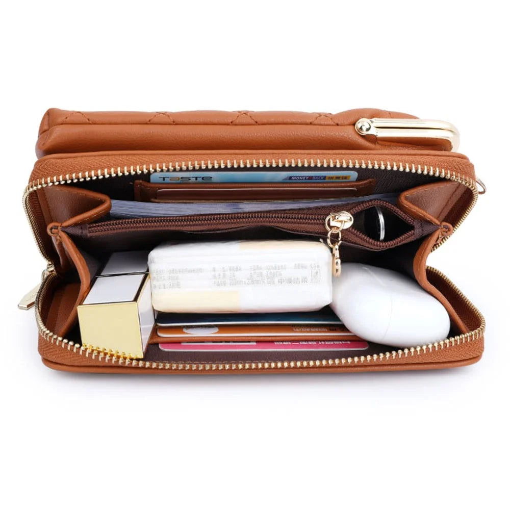 TAILIAN TC316-001 Rhombus Stitching Lines Crossbody Phone Bag Women PU Leather Zipper Wallet - Brown - 2