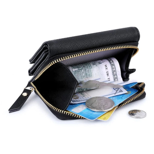 TAILIAN T6103-012 Cross Texture PU Leather Folding Wallet Zipper Pocket Women Cards Cash Holder Bag - Black - 2