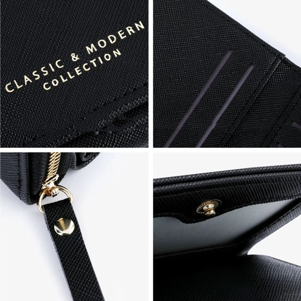 TAILIAN T6103-012 Cross Texture PU Leather Folding Wallet Zipper Pocket Women Cards Cash Holder Bag - Black - 6