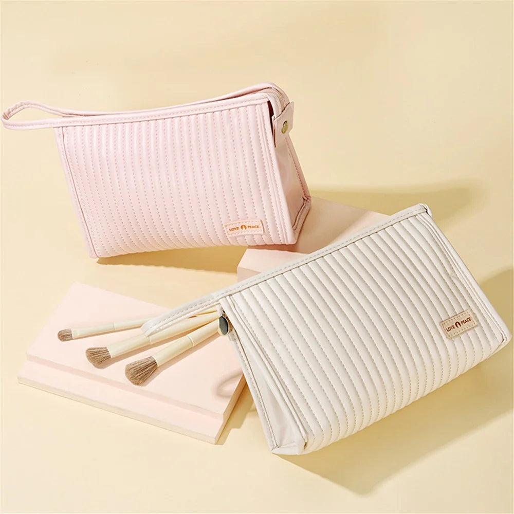 Portable Handbag Makeup Storage Pouch PU Leather Toiletries Cosmetic Storage Organizer Bag - Pink - 2
