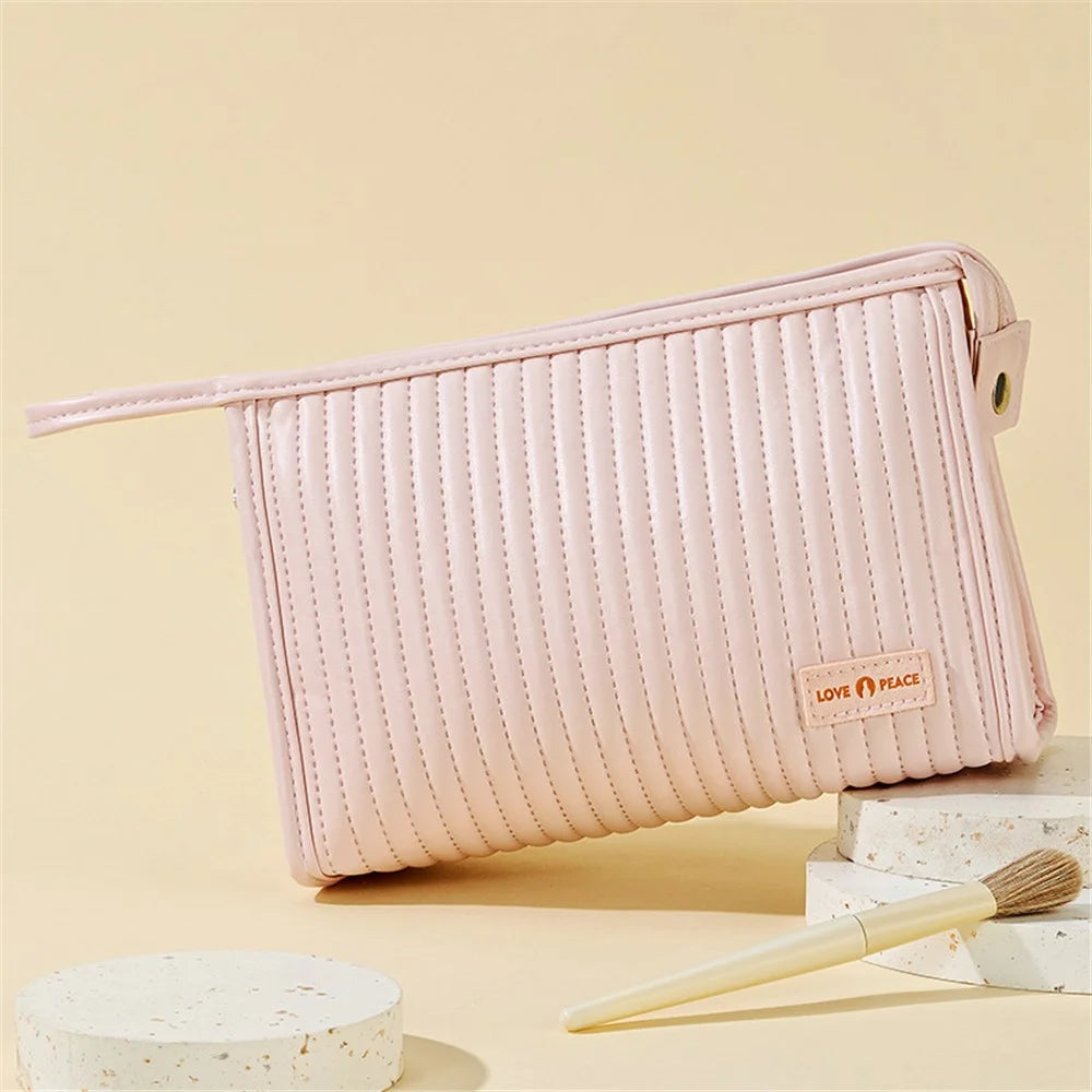 Portable Handbag Makeup Storage Pouch PU Leather Toiletries Cosmetic Storage Organizer Bag - Pink - 4
