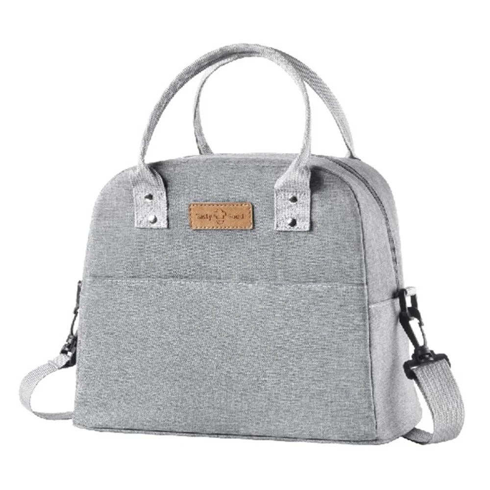 Shoulder Strap Carrying Lunch Bag Oxford Cloth Handbag Thermal Insulated Cooler Lunch Box Tote Storage Pouch - Grey - 1