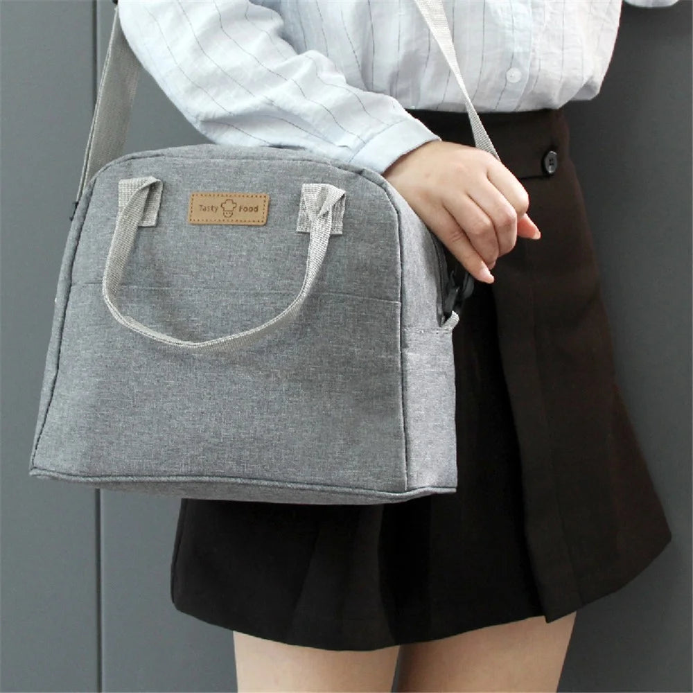Shoulder Strap Carrying Lunch Bag Oxford Cloth Handbag Thermal Insulated Cooler Lunch Box Tote Storage Pouch - Grey - 2