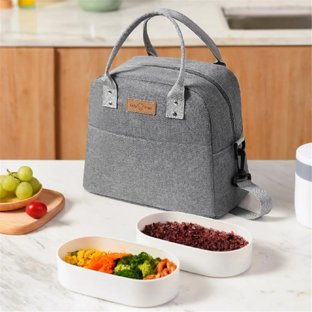 Shoulder Strap Carrying Lunch Bag Oxford Cloth Handbag Thermal Insulated Cooler Lunch Box Tote Storage Pouch - Grey - 3