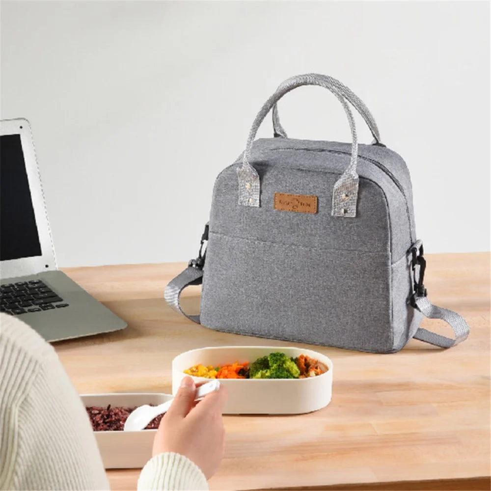 Shoulder Strap Carrying Lunch Bag Oxford Cloth Handbag Thermal Insulated Cooler Lunch Box Tote Storage Pouch - Grey - 4