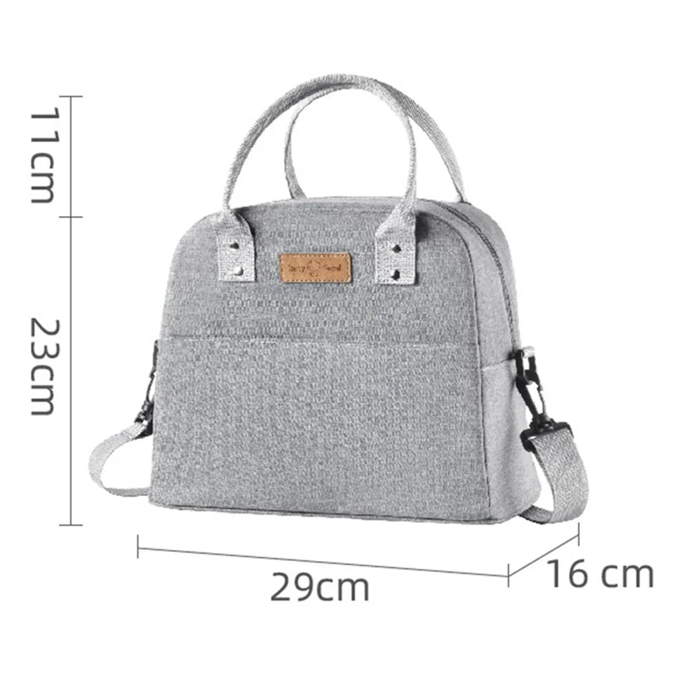 Shoulder Strap Carrying Lunch Bag Oxford Cloth Handbag Thermal Insulated Cooler Lunch Box Tote Storage Pouch - Grey - 5