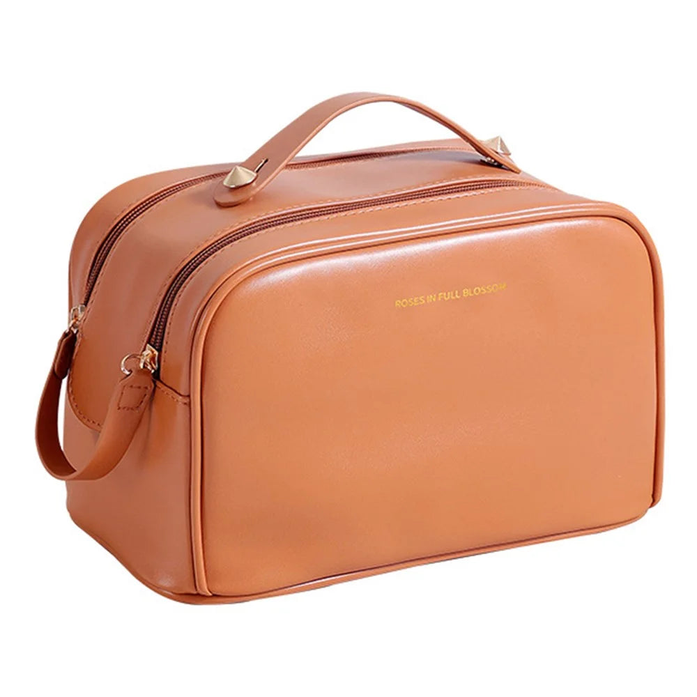 Cosmetics Bag Two Zipper Closure PU Leather Toiletry Bag Travel Supply Organizer for Makeup, Shampoo, Lotion - Brown - 1