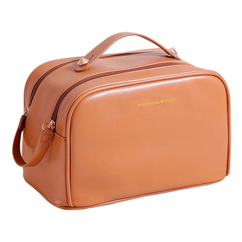 Cosmetics Bag Two Zipper Closure PU Leather Toiletry Bag Travel Supply Organizer for Makeup, Shampoo, Lotion - Brown - 1