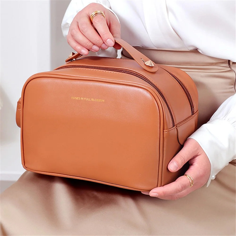 Cosmetics Bag Two Zipper Closure PU Leather Toiletry Bag Travel Supply Organizer for Makeup, Shampoo, Lotion - Brown - 2