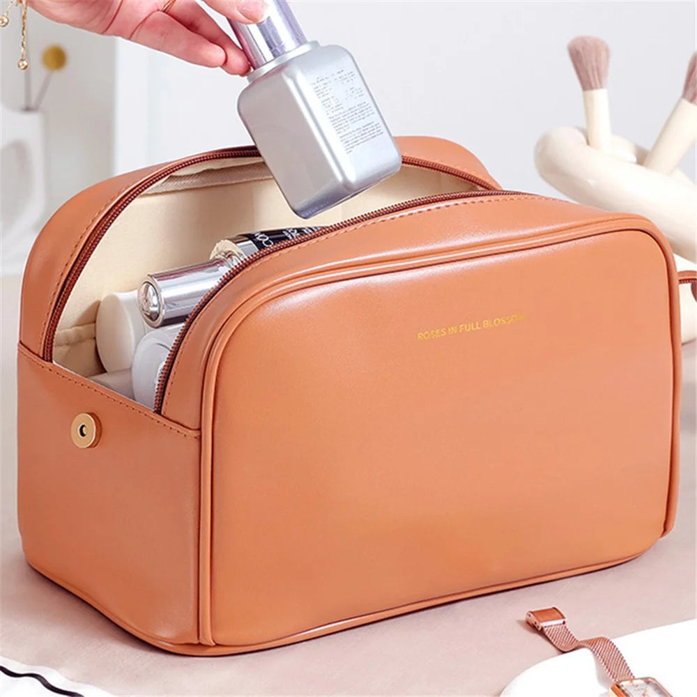 Cosmetics Bag Two Zipper Closure PU Leather Toiletry Bag Travel Supply Organizer for Makeup, Shampoo, Lotion - Brown - 3