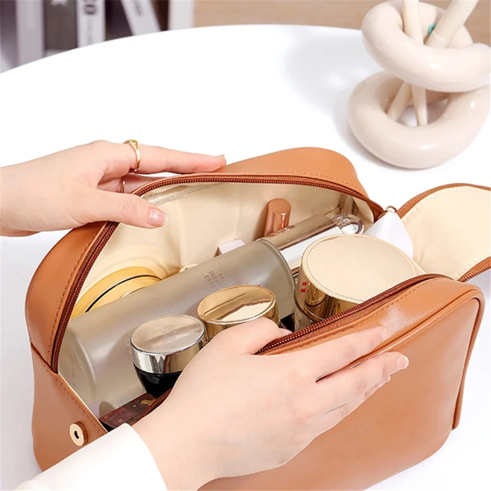 Cosmetics Bag Two Zipper Closure PU Leather Toiletry Bag Travel Supply Organizer for Makeup, Shampoo, Lotion - Brown - 4