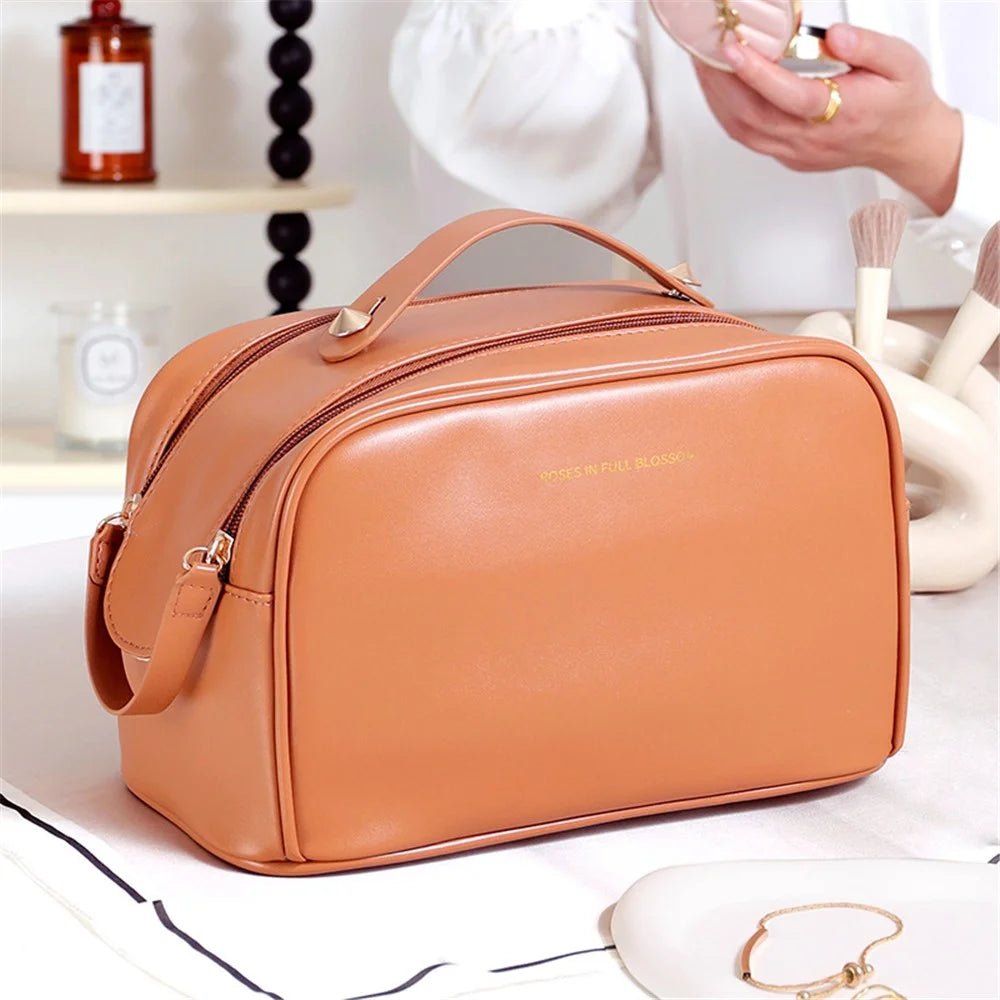 Cosmetics Bag Two Zipper Closure PU Leather Toiletry Bag Travel Supply Organizer for Makeup, Shampoo, Lotion - Brown - 5