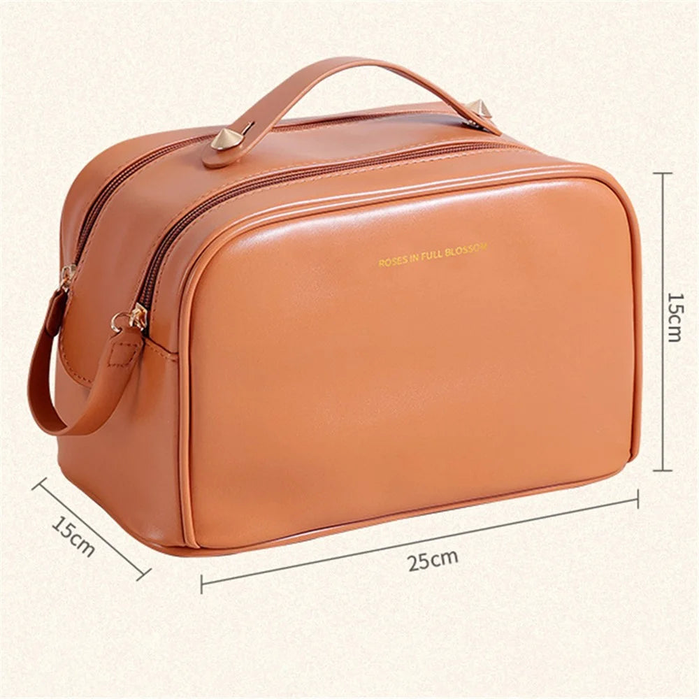 Cosmetics Bag Two Zipper Closure PU Leather Toiletry Bag Travel Supply Organizer for Makeup, Shampoo, Lotion - Brown - 6