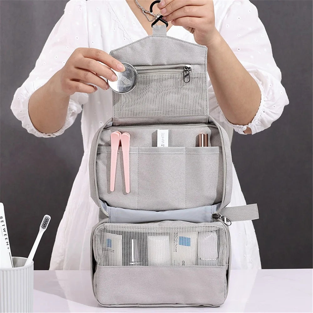 Portable Hanging Toiletry Bag Travel Bathroom Shower Polyester Storage Bag Cosmetic Organizer - Grey - 3
