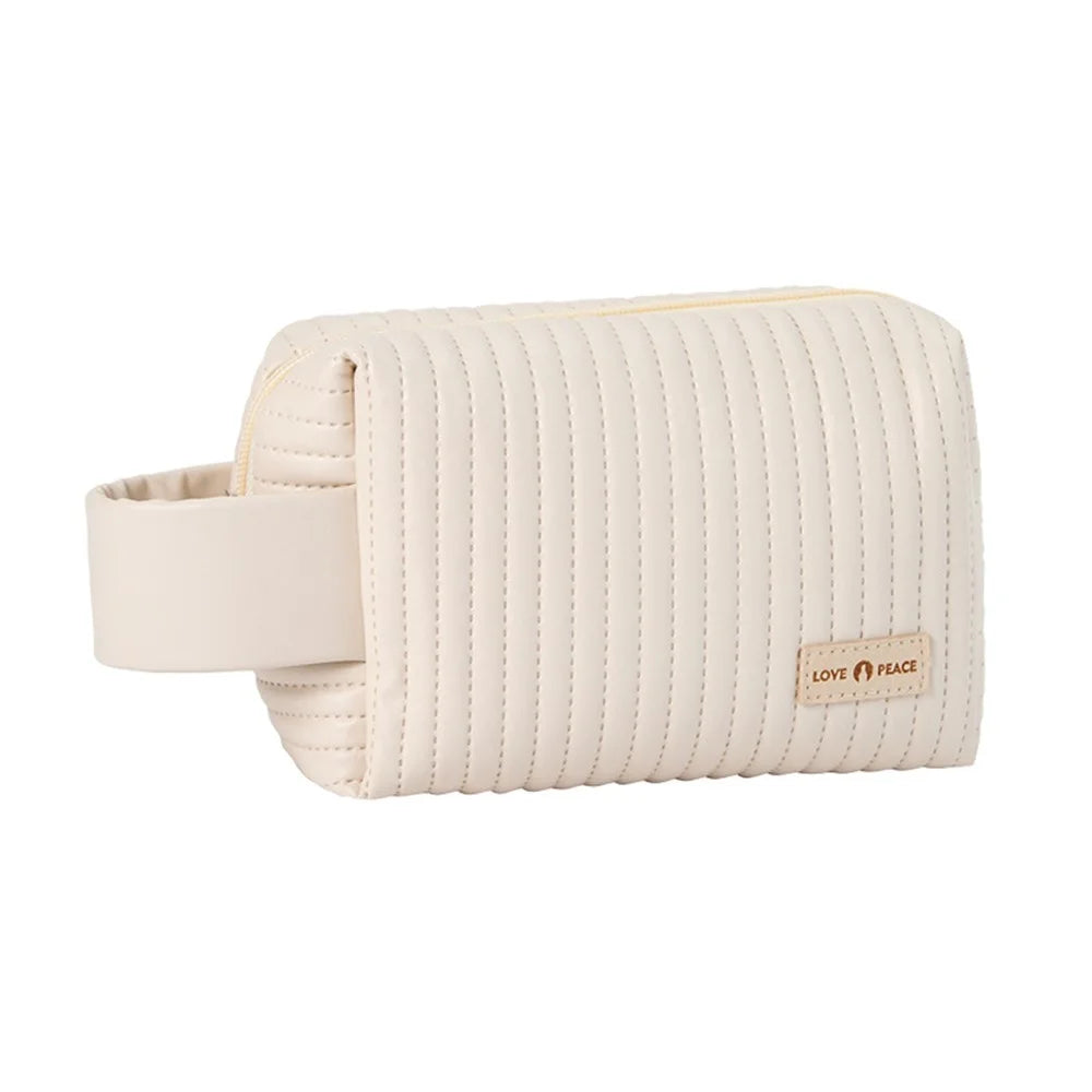 PU Leather Cosmetic Storage Bag Portable Travel Toiletry Makeup Pouch Organizer - Beige - 1
