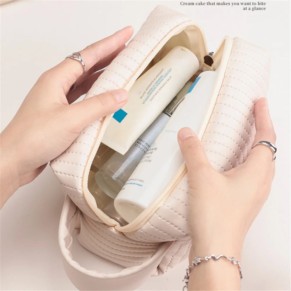 PU Leather Cosmetic Storage Bag Portable Travel Toiletry Makeup Pouch Organizer - Beige - 2
