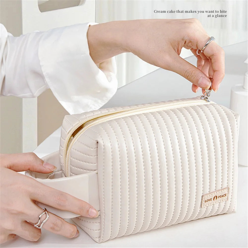 PU Leather Cosmetic Storage Bag Portable Travel Toiletry Makeup Pouch Organizer - Beige - 3