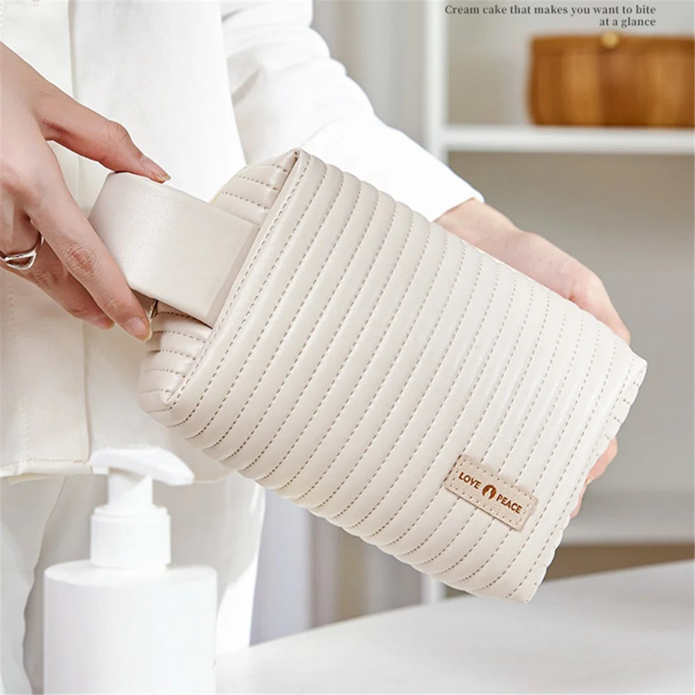 PU Leather Cosmetic Storage Bag Portable Travel Toiletry Makeup Pouch Organizer - Beige - 4